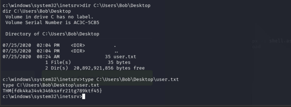 type user.txt showing user flag THM{fdk4ka34vk346ksxfr21tg789ktf45}